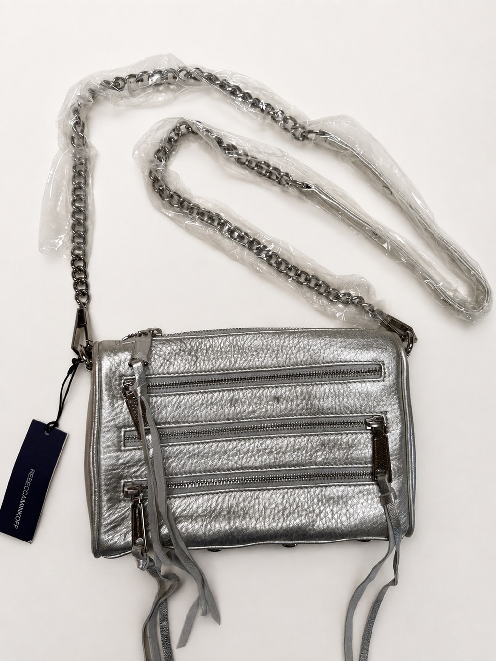NWT Rebecca Minkoff Mini 5-Zip Metallic Silver Leather Crossbody Bag